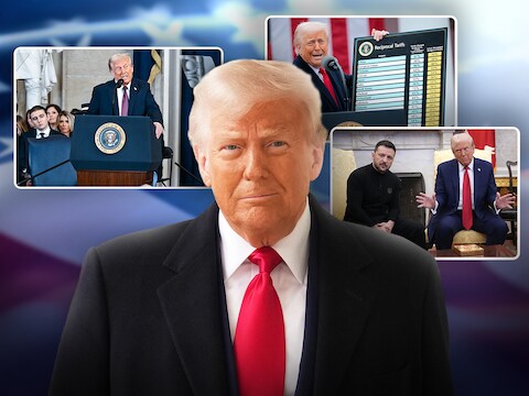 Donald Trump met enkele sleutelmomenten in zijn eerste 100 dagen: eedaflegging, importheffingen en ruzie met de Oekraïense president Volodymyr Zelensky.
