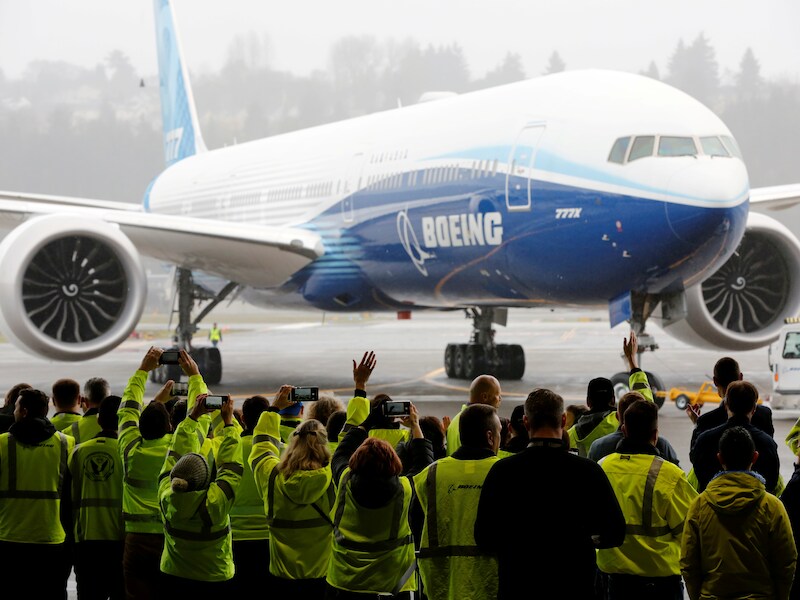 Een Boeing 777X na een testvlucht in januari in Seattle, Washington.