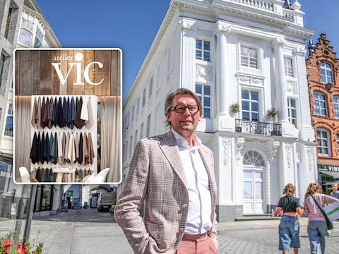 illustratiebeeld van atelier VIC in de Leiestraat / (inzet: zaakvoerder Tom Van Poucke, voor Patria op de Grote Markt in Kortrijk