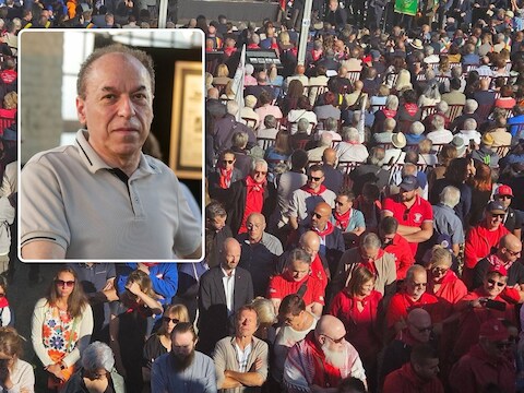 De zeventigste herdenking van de mijnramp van Marcinelle werd zaterdag overschaduwd door een protestactie tegen de Italiaanse Senaatsvoorzitter Ignazio La Russa. Inzet: ACLI-voorzitter Piero Pinna reageert.