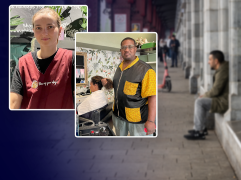 Links en midden: Emma en Vincent, die in het Centraal Station respectievelijk een bloemenwinkel en kapperszaak uitbaten. Met stalen kabels op de vensterbanken wil de NMBS in het station voorkomen dat daklozen nog kunnen overnachten of uitrusten. 
