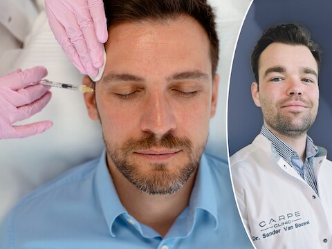 Esthetisch arts Sander Van Bouwel (rechts) vertelt in welke delen van het gezicht mannen het vaakst een prikje laten zetten.