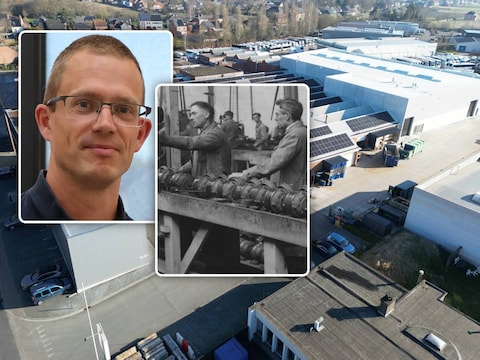 De site van Elnor Motors in Wespelaar vandaag. Links zie je operationeel directeur Bart Demarsin. Centraal zie je een foto uit de jaren vijftig, de hoogdagen van het bedrijf, toen er meer dan 400 mensen werkten.