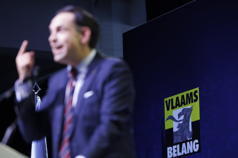 Van Grieken tijdens zijn speech in Oostende zondag.