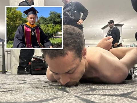 Cole Tomas Allen bij zijn aanhouding, en eerder in bij zijn afstuderen in toga 