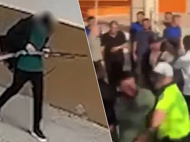 L: de schutter loopt met zijn geweer over straat. R: de politie had alle moeite van de wereld om boze ouders in te tomen.
