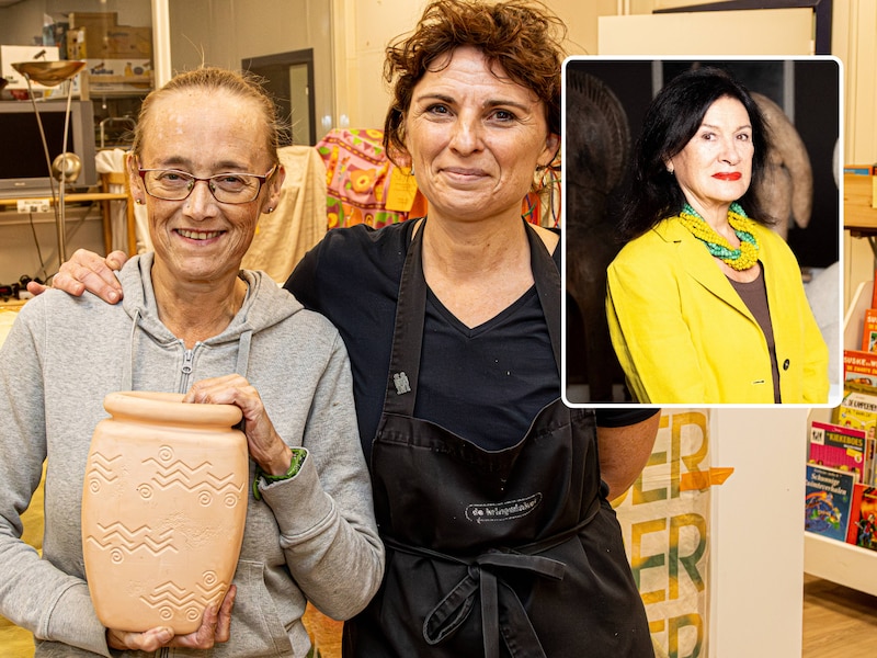Medewerkster Christina (links) en teamleider Kristien met de vaas gemaakt door Picasso’s dochter (inzet) die ze vond in de Kringwinkel in Bornem.