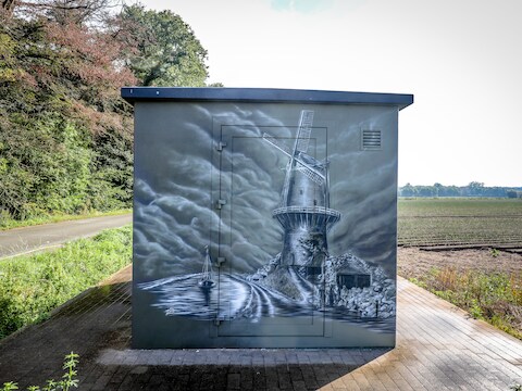 Airbrush tekening op electriciteitscabine in de Demanlaan te Jabbeke