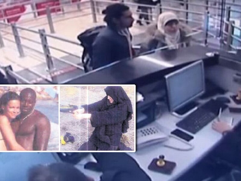 Hayat Boumeddiene en een vriend op het Turkse vliegveld Sabiha Gökcen. Inzetje: Hayat in twee totaal verschillende gedaantes