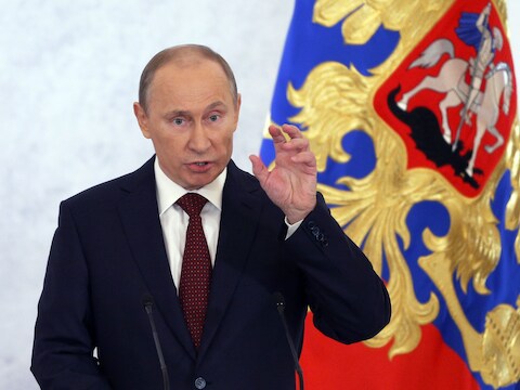 Vladimir Poetin tijdens zijn State of the Union.