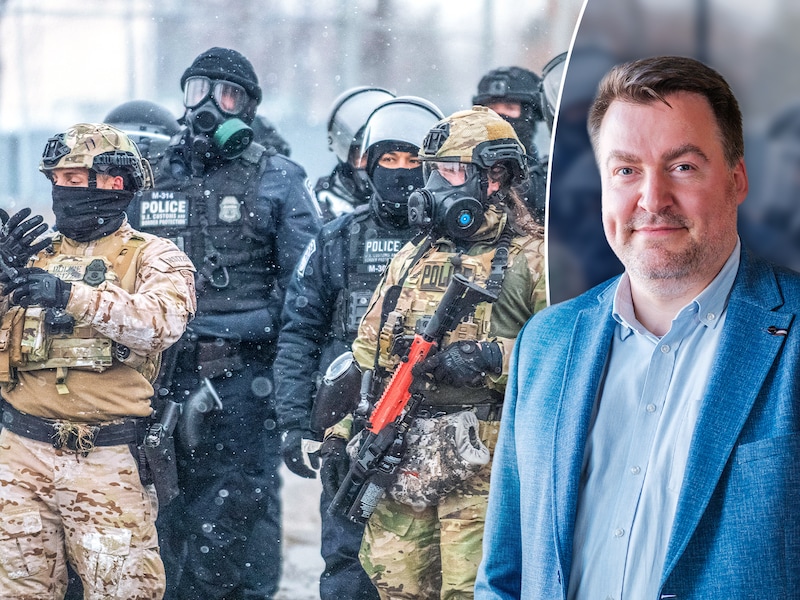 Links: agenten van de Amerikaanse grenspolitie CBP. Rechts: Christophe Busch.