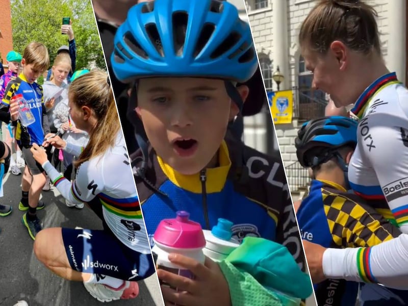 Met een dikke knuffel als dank: Lotte Kopecky schenkt leiderstrui aan jonge fan, die zijn ogen niet kan geloven