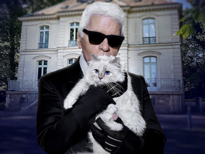 Karl Lagerfeld met zijn kat Choupette voor zijn vastgoed in Louveciennes.
