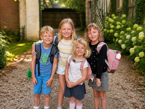 De kinderen van schepen Lieselot Bleyenberg zijn klaar voor de eerste schooldag in Melle. 