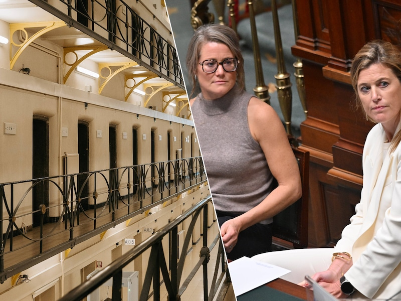 Links: een beeld van de gevangenis in Gent. Rechts: Minister van Asiel en Migratie Anneleen Van Bossuyt (N-VA) en Justitieminister Annelies Verlinden (CD&V).
