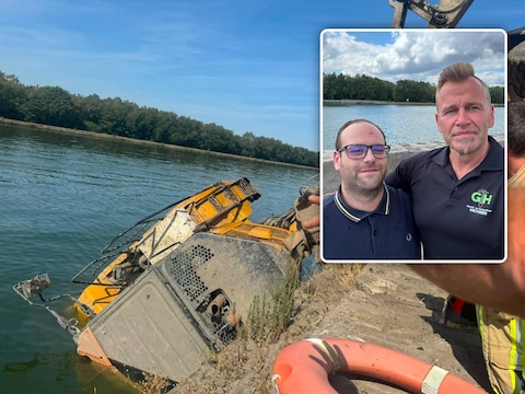Dankzij zijn snelle en koelbloedige optreden kon Ivo Heynen (51,r.) zijn collega Niels Lagendijk (30, l.) uit het Albertkanaal in Genk redden.