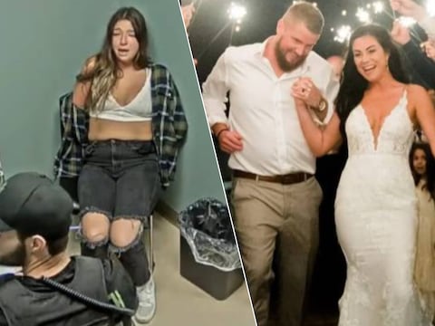 L: Jamie Lee Komoroski vraagt zich af waarom ze op het politiebureau zit. R: Aric Hutchinson en Samantha Miller tijdens hun trouwfeest. Niet veel later zou het noodlot toeslaan.