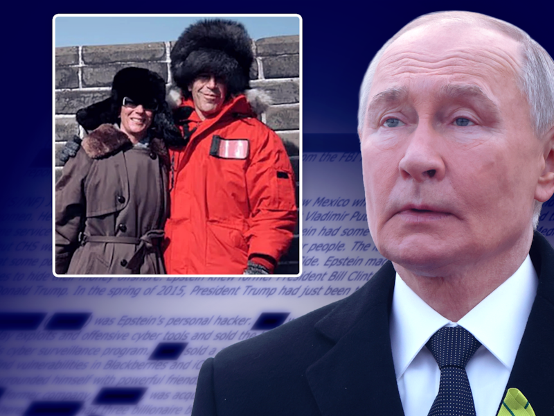 Epstein en Ghislaine Maxwell in inzetje, rechts: Vladimir Poetin.