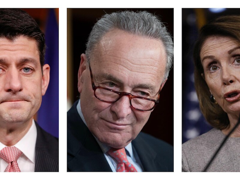Republikeins voorzitter van het Huis van Afgevaardigden Paul Ryan en zijn democratische collega's Chuck Schumer en Nancy Pelosi.
