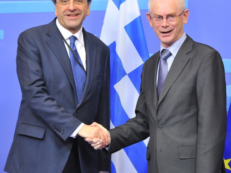 De Griekse premier Antonis Samaras met Europees president Herman Van Rompuy.