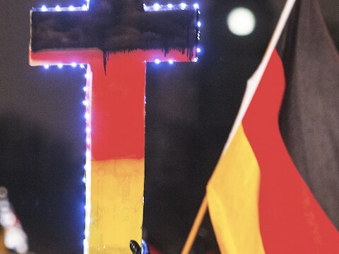 Beeld van de Pegida-betoging van vorige week in Dresden.