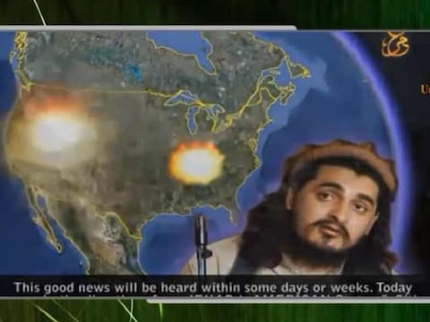 Screenshot uit de video met explosies in de VS. Hoewel die zich op de kaart niet voordoen in Washington en New York, worden in de video wel tegen die steden dreigementen geuit.