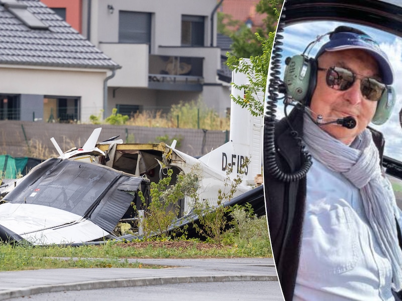 Het gecrashte toestel. Rechts: piloot en instructeur Gérard David.