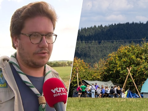 Leider Joris Keersmaekers (l.), die met dik 200 leden op kamp is in het Waalse Samrée.