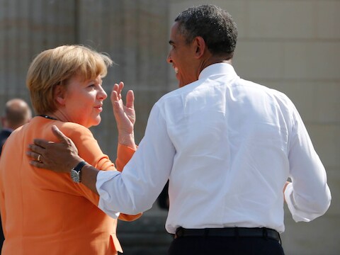 De Amerikaanse president Barack Obama en de Duitse Bondskanselier Angela Merkel afgelopen juni in Berlijn.