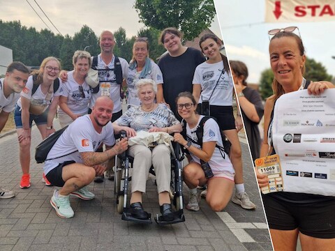 Groepsfoto van de supporters - waaronder de 98-jarige Kristien Duwe, een van de bewoners van WZC De Pastorij uit Denderhoutem - met Marie Duym. Marie uit Ninove met haar certificaat.