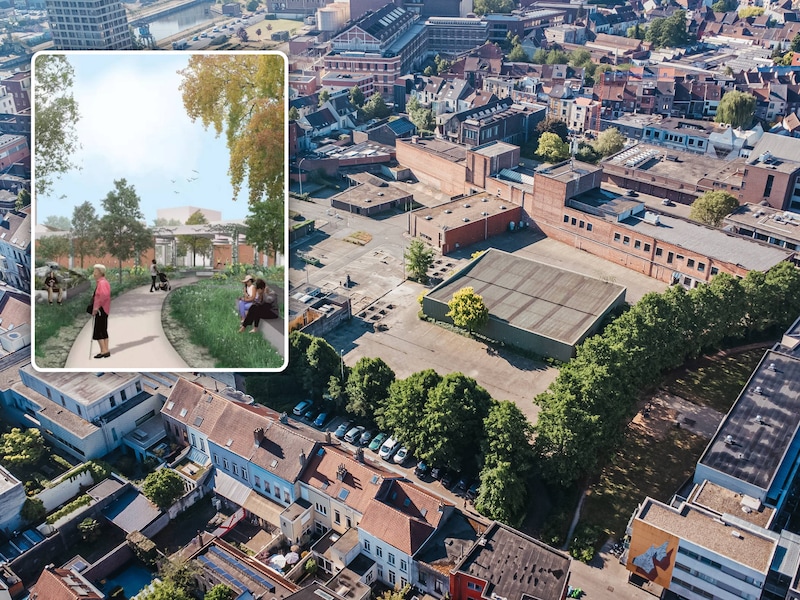Een luchtfoto van de voormalige Fluvius-site in de wijk Tolhuis-Sluizeken-Ham, Inzet: Dit beeld geeft een idee over hoe het park er zou kunnen uitzien van de Désiré Fiévéstraat.