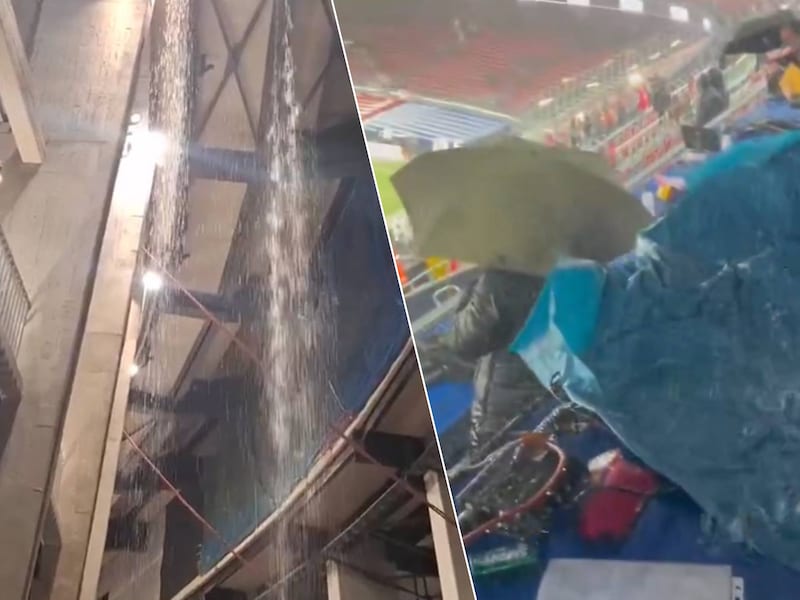 KIJK. Journalisten worden kletsnat door lek in pas gerenoveerd Camp Nou
