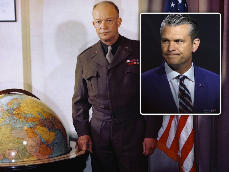 Dwight D. Eisenhower hier naast zijn wereldbol. Inzet: Amerikaanse oorlogsminister Pete Hegseth.
