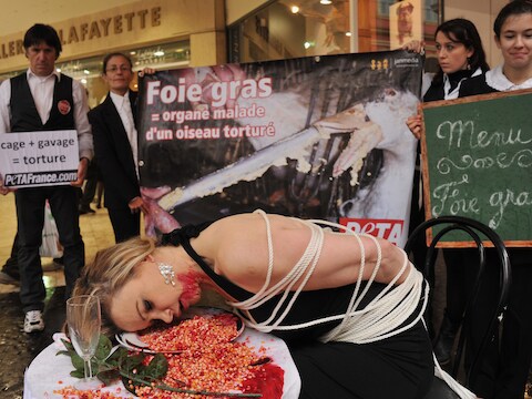 Franse actievoerders van dierenrechtenorganisatie PETA demonstreren in Nice. Archieffoto