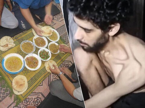 Links de overvloed aan eten die Hamas nog steeds zou hebben en rechts de uitgemergelde Israëlische gijzelaar Evyatar David.