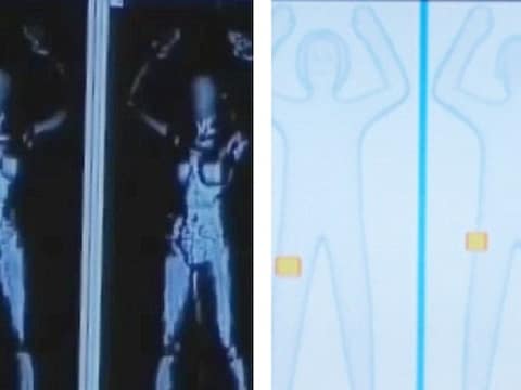 De nieuwe versie van de bodyscanners (rechts) is al veel minder onthullend.