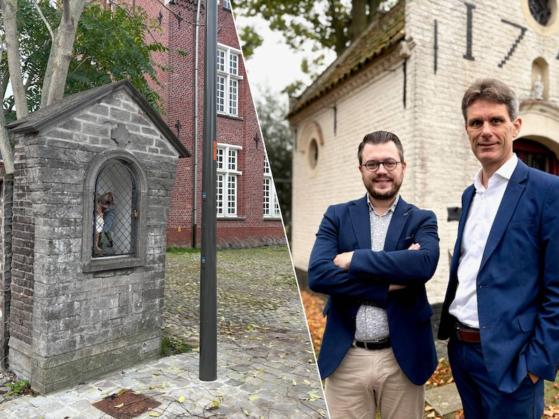 De kapel in de Drapstraat in Nazareth. , Gedeputeerde David Coppens en schepen Kristof Agache bij de Sint-Annakapel in Eke.