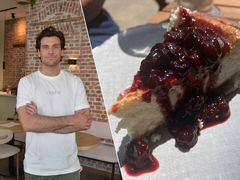 Bram Van Geert van koffie-, ontbijt- en lunchzaak INNER in Lokeren. Rechts: huisgemaakte cheesecake met rode vruchten.