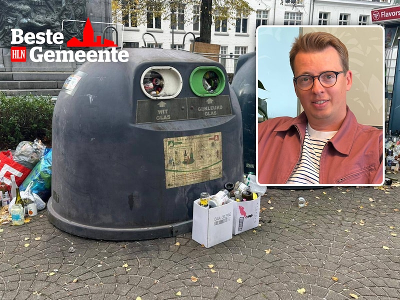 Volle glascontainers op het Zegeplein in Turnhout. Voor veel inwoners is er zichtbaar een probleem, maar burgemeester Hannes Anaf (inzet) verzekert dat de problematiek een groot aandachtspunt is.