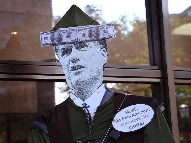 Protest tegen Mitt Romney in Evanston, Illinois.