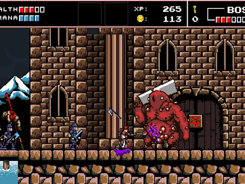 Bloed, ingewanden en - jawel - kots sproeien vrolijk in het rond, ondanks de dikke pixelgraphics van 'Infernax'.
