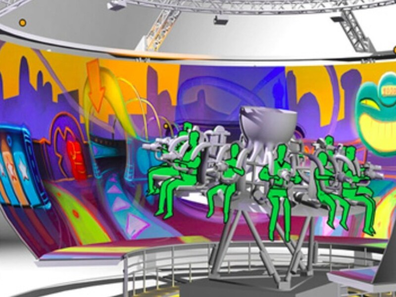 In het virtuele pretpark zitten de bezoekers in attracties die omsingeld zijn door beeldschermen, van waaruit van alles op je afkomt
