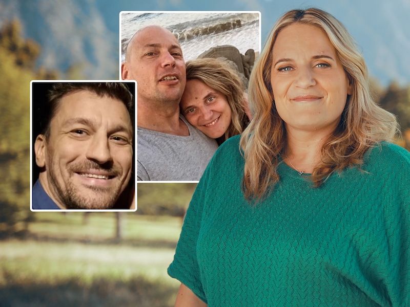 Ruth Beeckmans met haar overleden echtgenoot Gary en nieuwe partner Nick (linkse inzet).