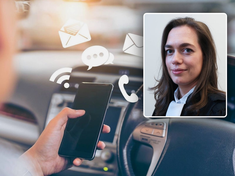 Archieffoto smartphone aan het stuur., Inzet: Advocate Sarah Leysen.