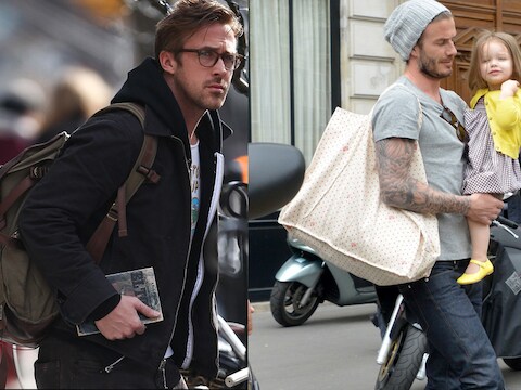Ryan Gosling met de rugzak, David Beckham met de schoudertas.