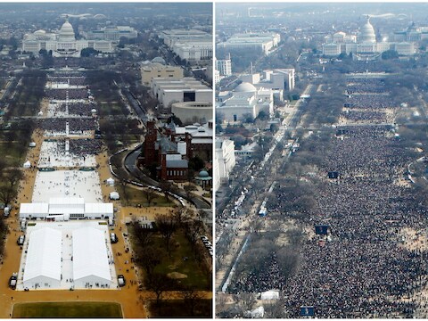 Links de foto van de National Mall bij de inauguratie van Donald Trump vorige week vrijdag, rechts bij de inauguratie van Barack Obama in 2009. Trumps woordvoerder hield vol dat er meer volk was bij de inauguratie van Trump.