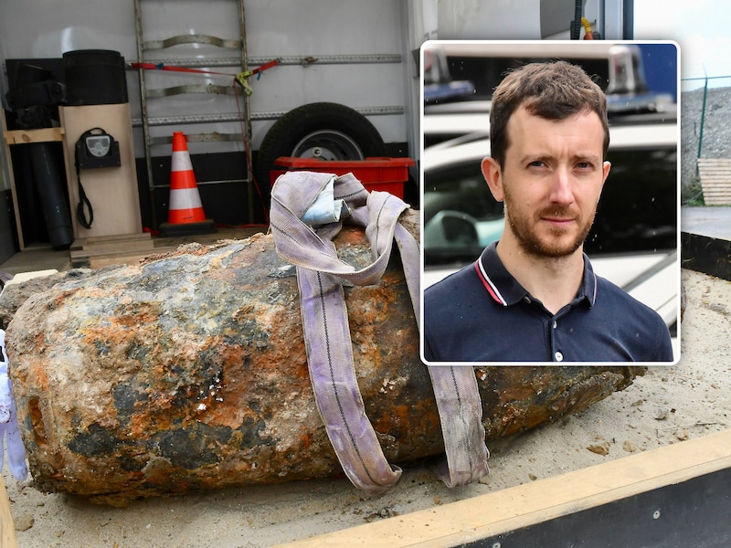 Archieffoto: DOVO haalt elke dag obussen en andere springtuigen op. Soms gaat het om stevige kalibers, zoals deze vliegtuigbom van Engelse makelij, goed voor bijna 250 kilogram, die in 2022 in Kortrijk werd aangetroffen. Foto inzet: Glenn Verdru, woordvoerder bij politiezone Arro Ieper.