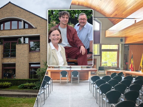 Tuin en achterzijde van het gemeentehuis van Lochristi, Raadzaal van het gemeentehuis in Lochristi, Inzet: Gemeenteraadleden Vooruit Plus Lochristi - Rachel De Rudder, Wouter Vanloot en voorzitter André Chalmet