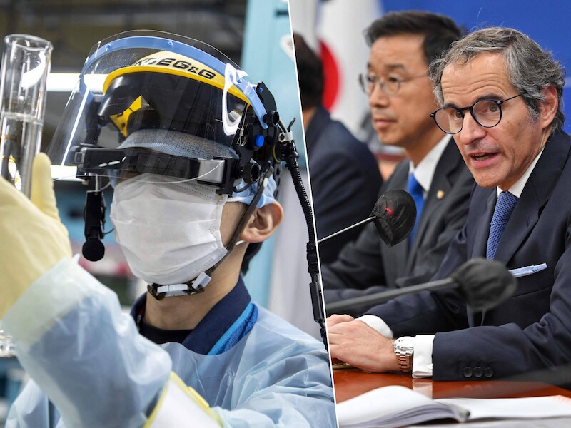 Fotomontage. Links een medewerker die een meting uitvoert op een monster van verontreinigd water in de kerncentrale Fukushima, rechts IAEA-topman Rafael Grossi.