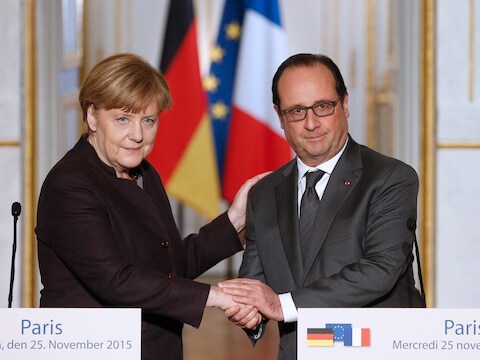 De Duitse bondskanselier Angela Merkel en de Franse president François Hollande.